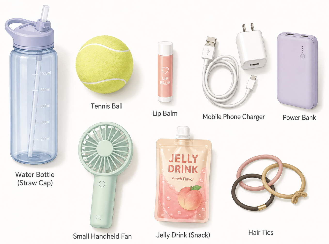 Illustration of labour bag items: water bottle with straw cap, tennis ball, lip balm, phone charger, power bank, small fan, jelly drink, hair ties