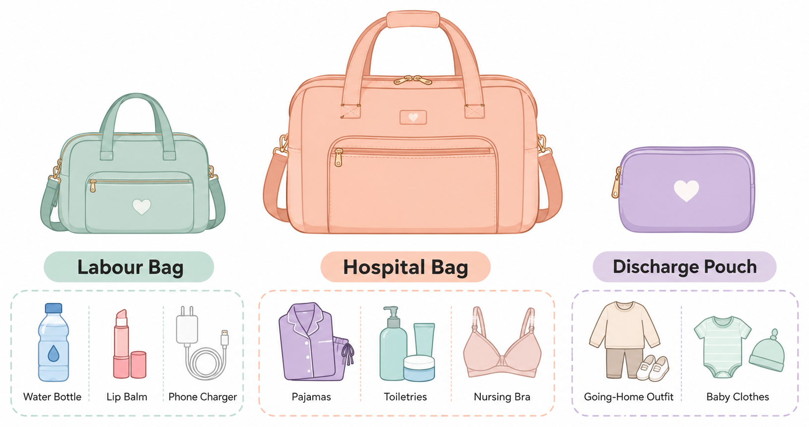 Diagram showing three bags: Labour Bag, Hospital Bag, and Discharge Pouch with sample items in each