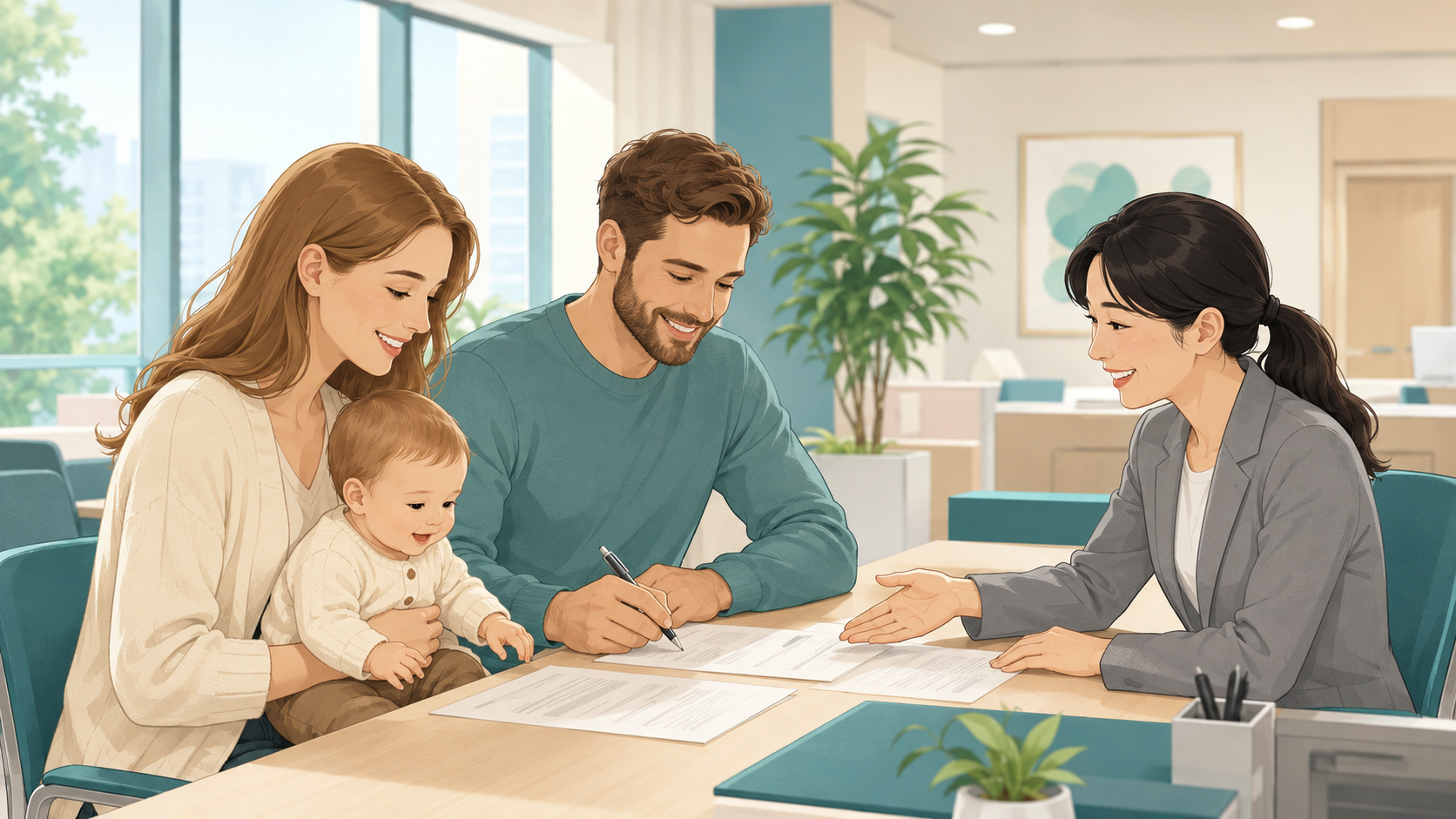 International family at a Japanese city hall submitting their hoikuen application