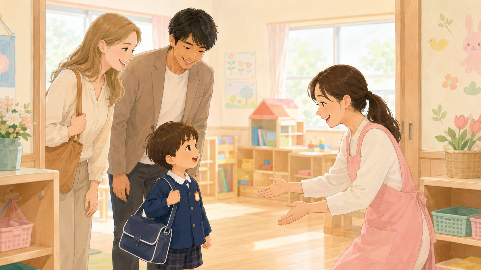 International family visiting a Japanese kindergarten with their child in uniform