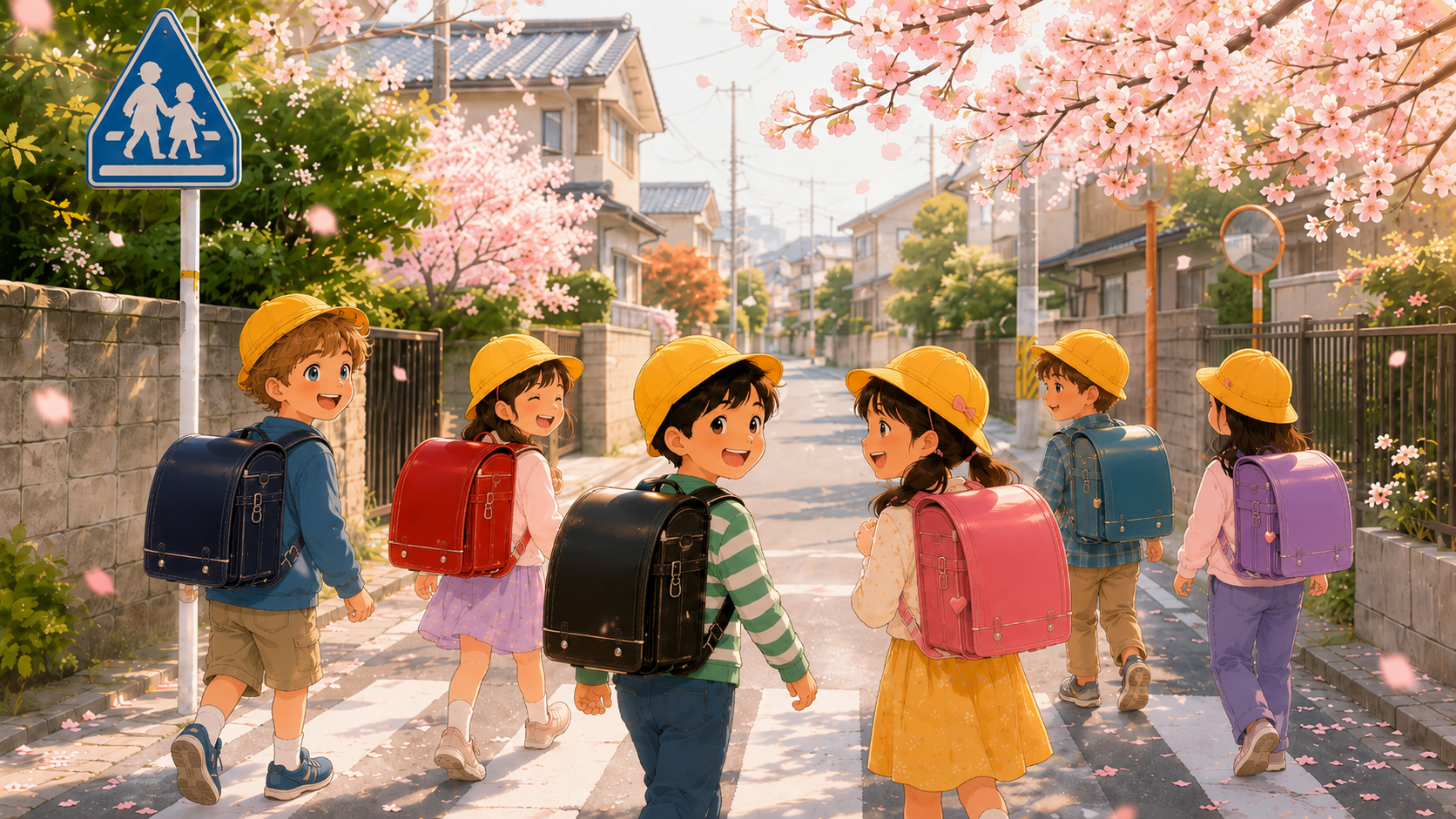 Group of elementary school children including a child from overseas walking to school in Japan with randoseru backpacks and yellow safety hats