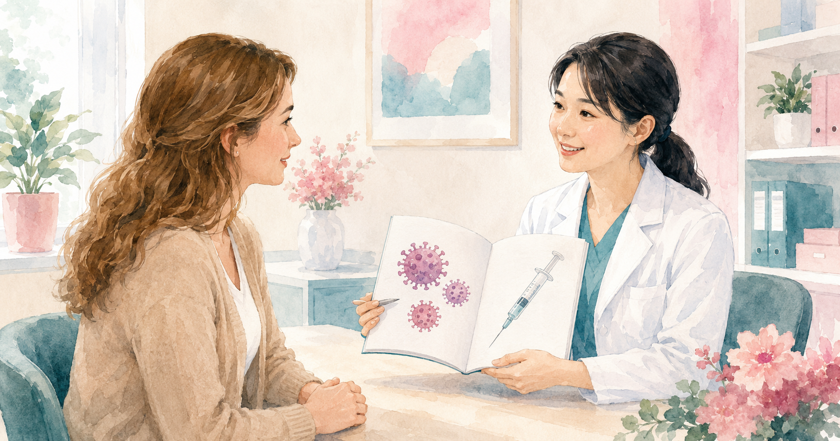 Western woman listening to a Japanese female doctor explain HPV vaccination using a medical pamphlet showing virus particles and a syringe