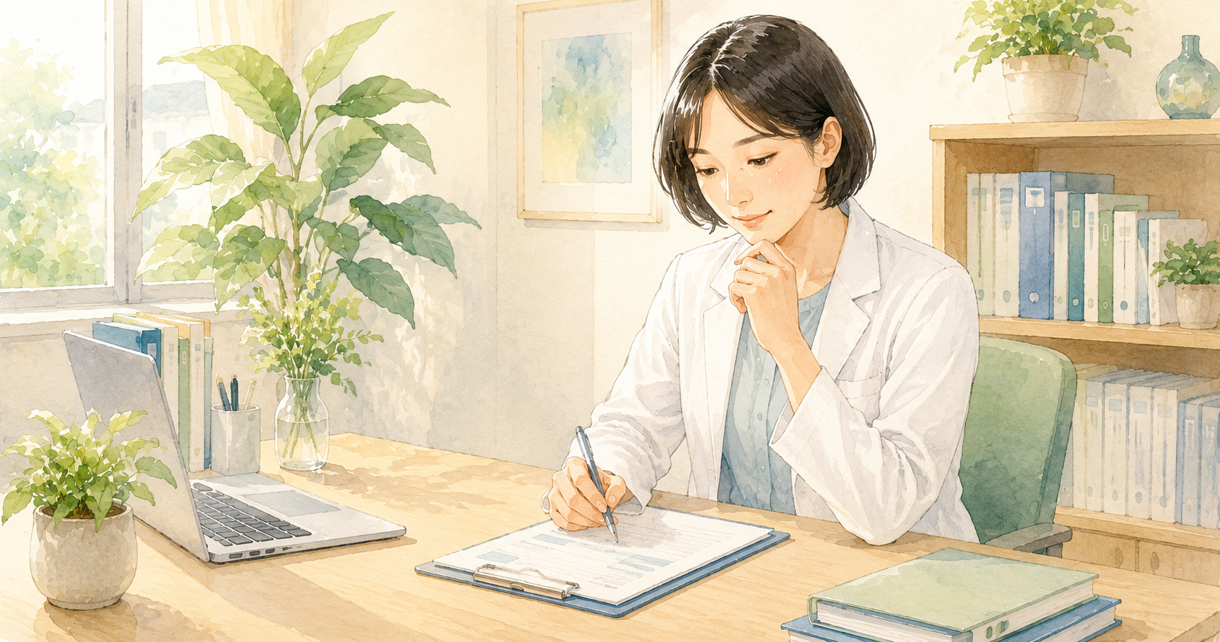 Japanese female doctor in a white coat reviewing medical notes at a calm, well-lit consultation desk, with plants and medical binders in the background