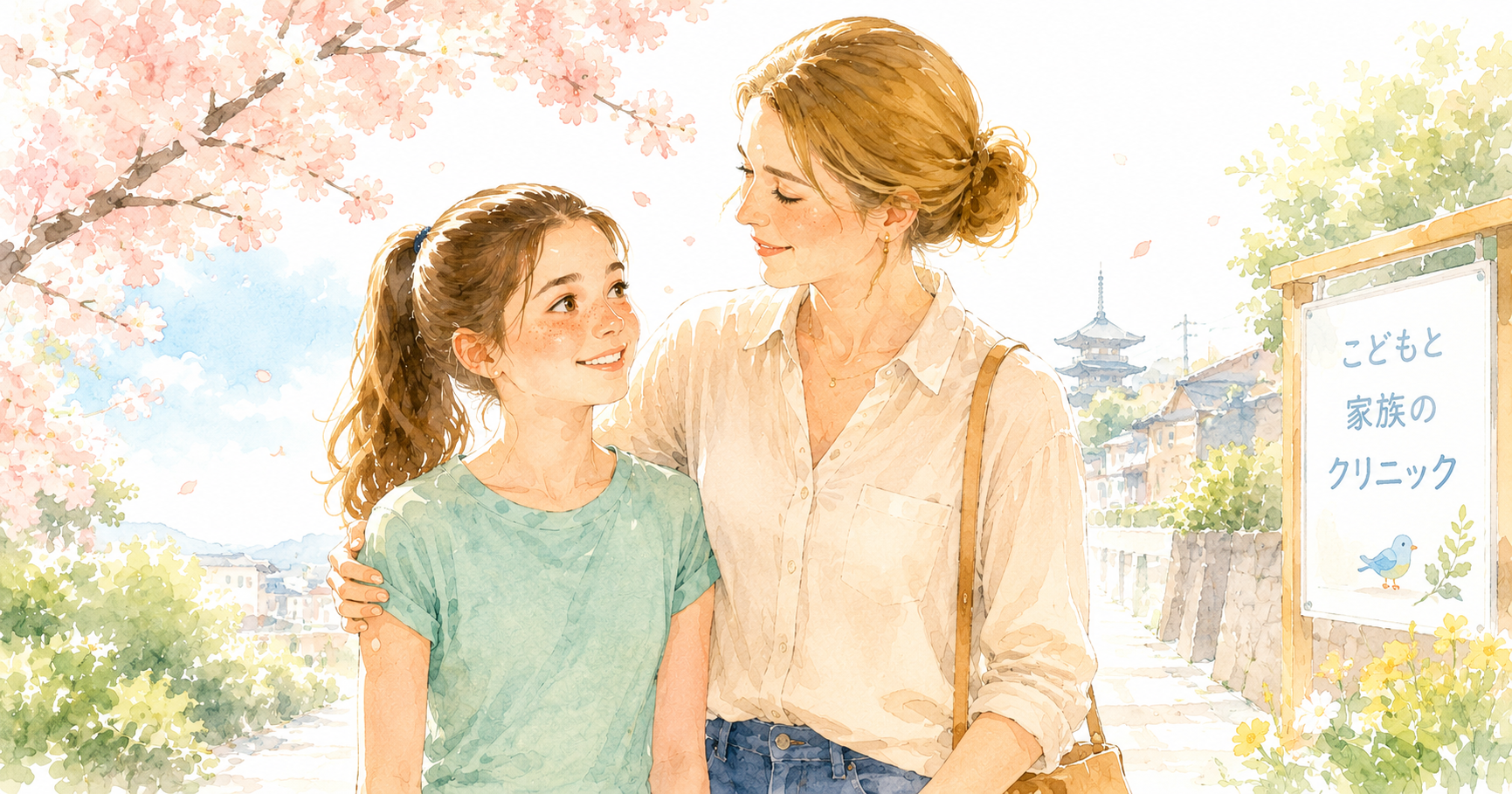 Western mother and daughter walking together toward a Japanese clinic under cherry blossoms, smiling at each other
