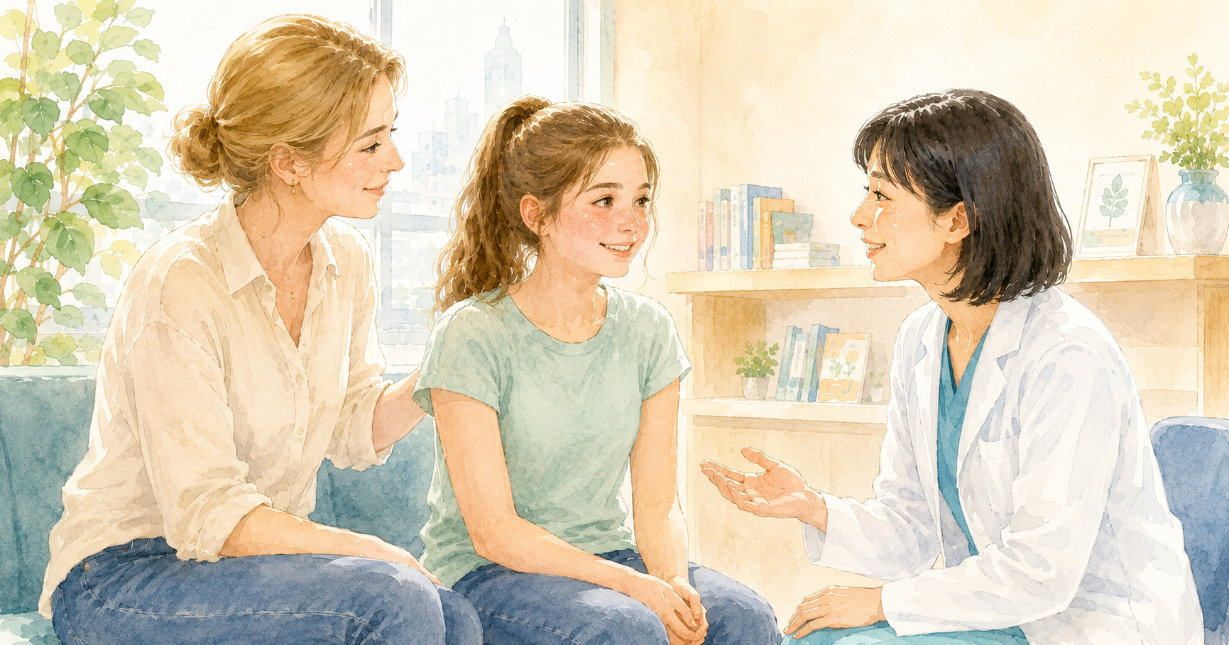 Western mother and her teenage daughter in a warm consultation with a Japanese female doctor, discussing HPV vaccination in a bright clinic room