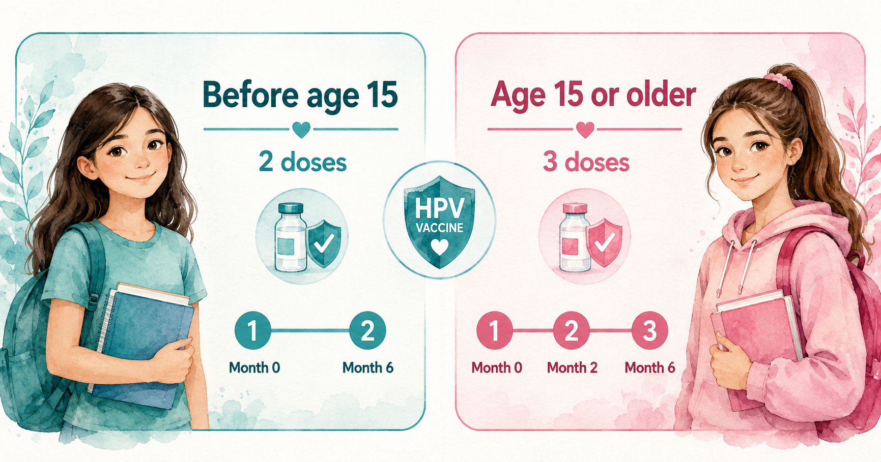 HPV vaccination schedule: 2 doses if first dose before age 15 (months 0 and 6), 3 doses if first dose at age 15 or older (months 0, 2, and 6)