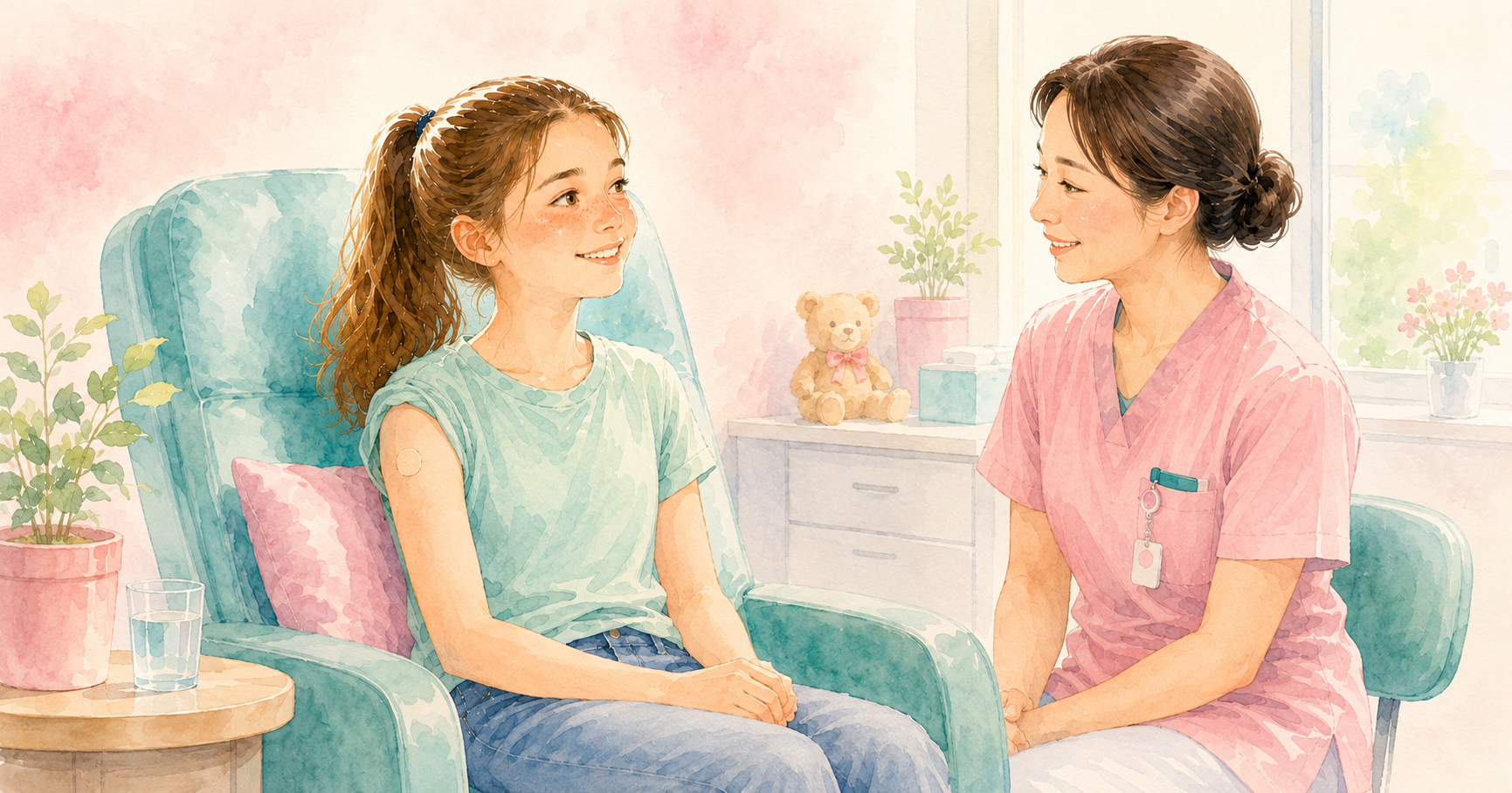 Teenage girl sitting calmly in a clinic chair after HPV vaccination, with a small bandage on her upper arm, smiling at a friendly Japanese nurse beside her