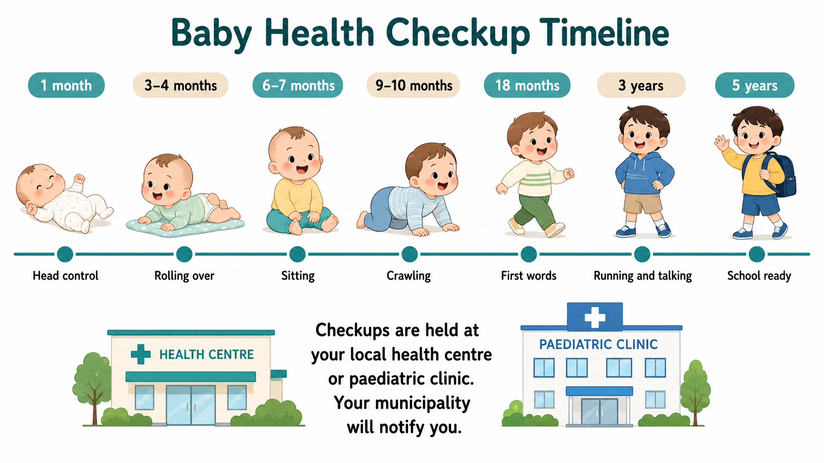 Timeline showing baby development stages alongside Japan's health checkup schedule — from 1 month to 5 years