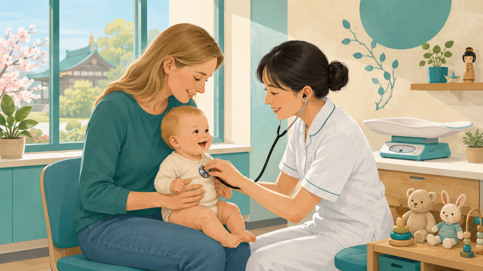Parent and baby at a Japanese infant health checkup, with a doctor examining the child