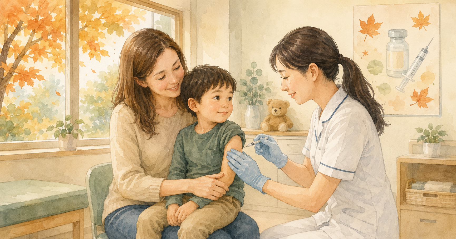 Mother holding young child on her lap while a Japanese nurse in gloves gives a flu injection in an autumn clinic