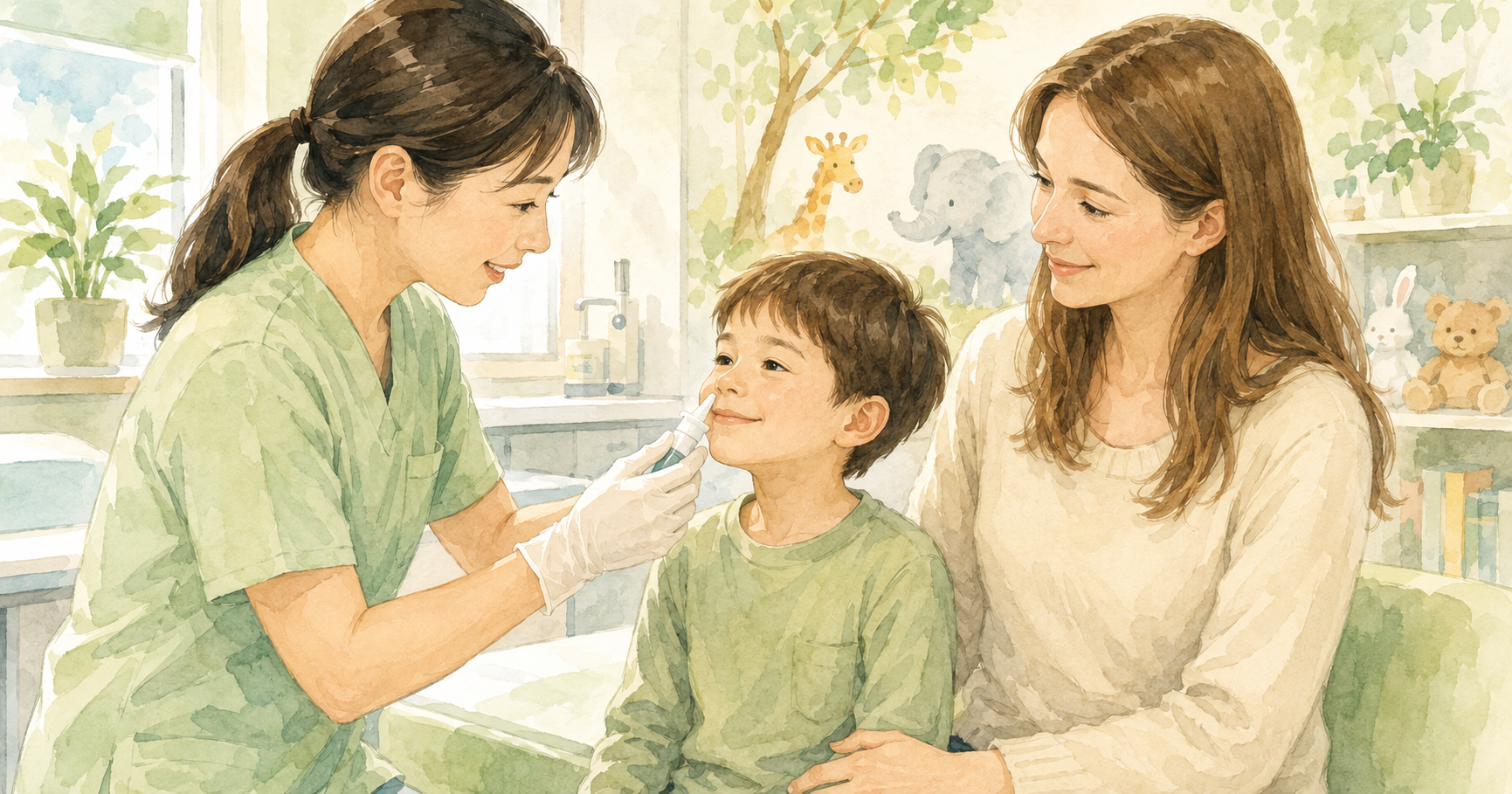 Healthcare professional administering a nasal spray flu vaccine to a young child in a Japanese clinic