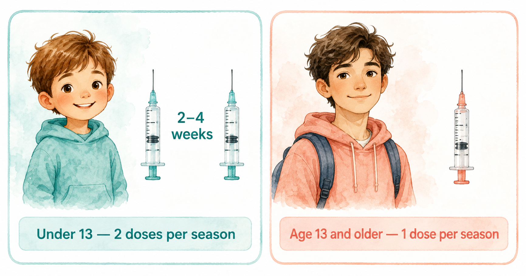 Influenza vaccine schedule: children under 13 need 2 doses per season spaced 2-4 weeks apart; aged 13 and older need 1 dose per season