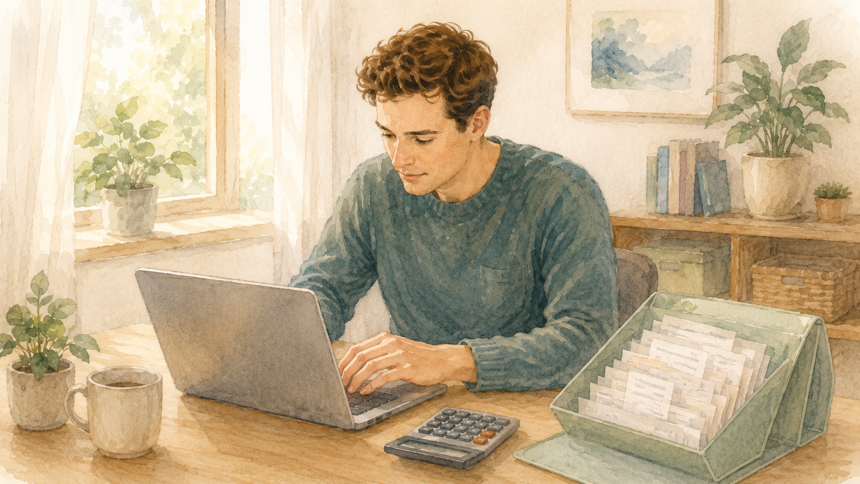 Watercolor illustration of a Western parent at a laptop filing a tax return online, with a stack of organized medical receipts and a calculator on the desk