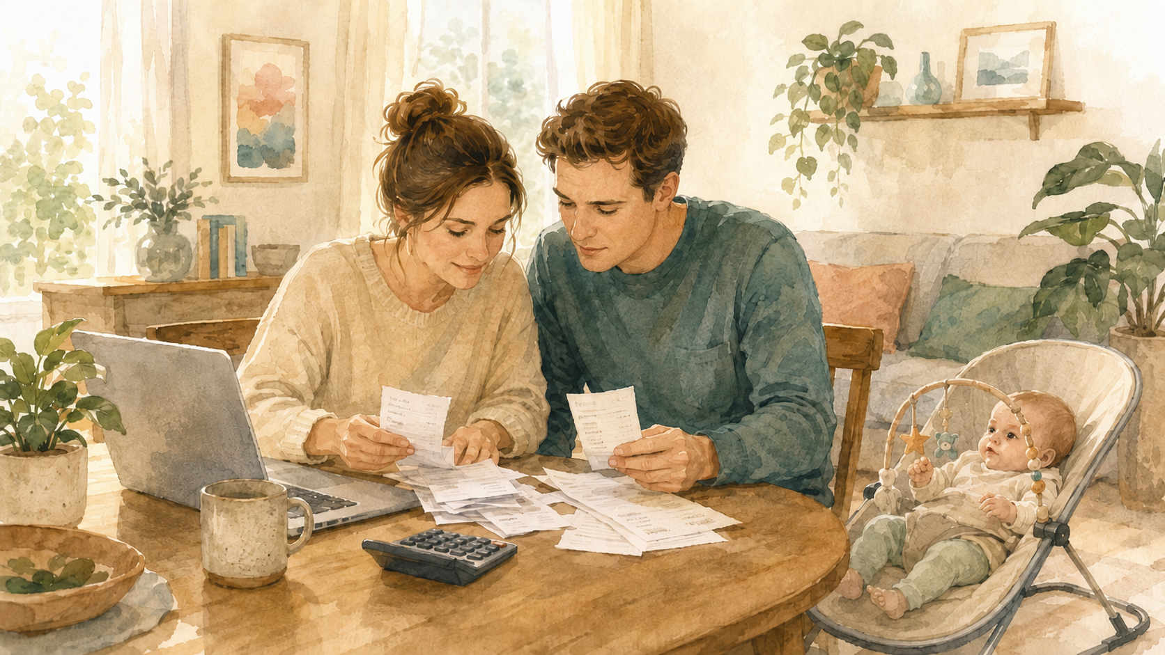 Watercolor illustration of a Western couple at home sorting medical receipts at a table, a laptop open beside them and their baby in a bouncer nearby