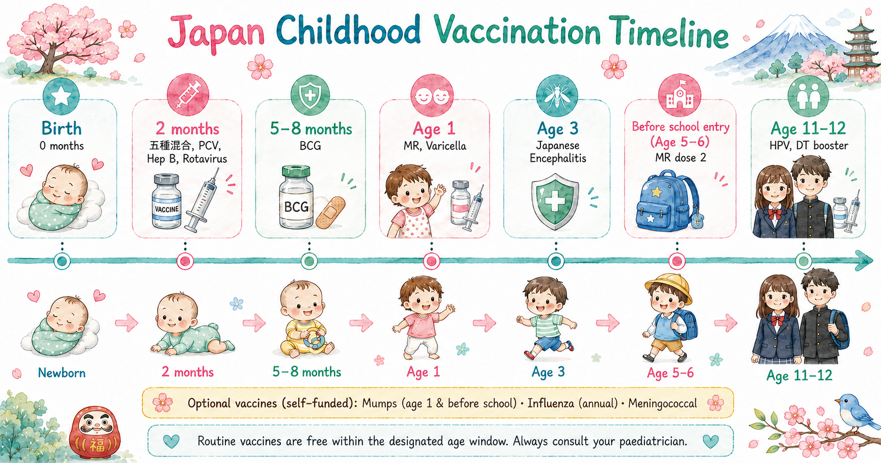 Timeline showing Japan's baby vaccine schedule from 2 months to 2 years