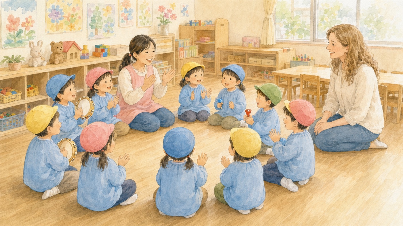 Watercolor illustration of enrolled kindergarten children in matching smocks and colored caps at circle time singing with a teacher, while a visiting international parent observes from the side of the room