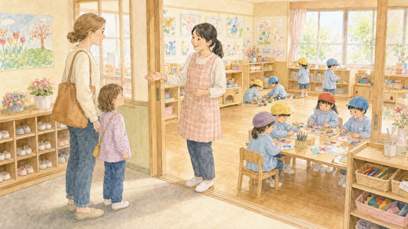 Watercolor illustration of an international parent and young child being shown around a Japanese kindergarten by a teacher, watching children play in a bright classroom