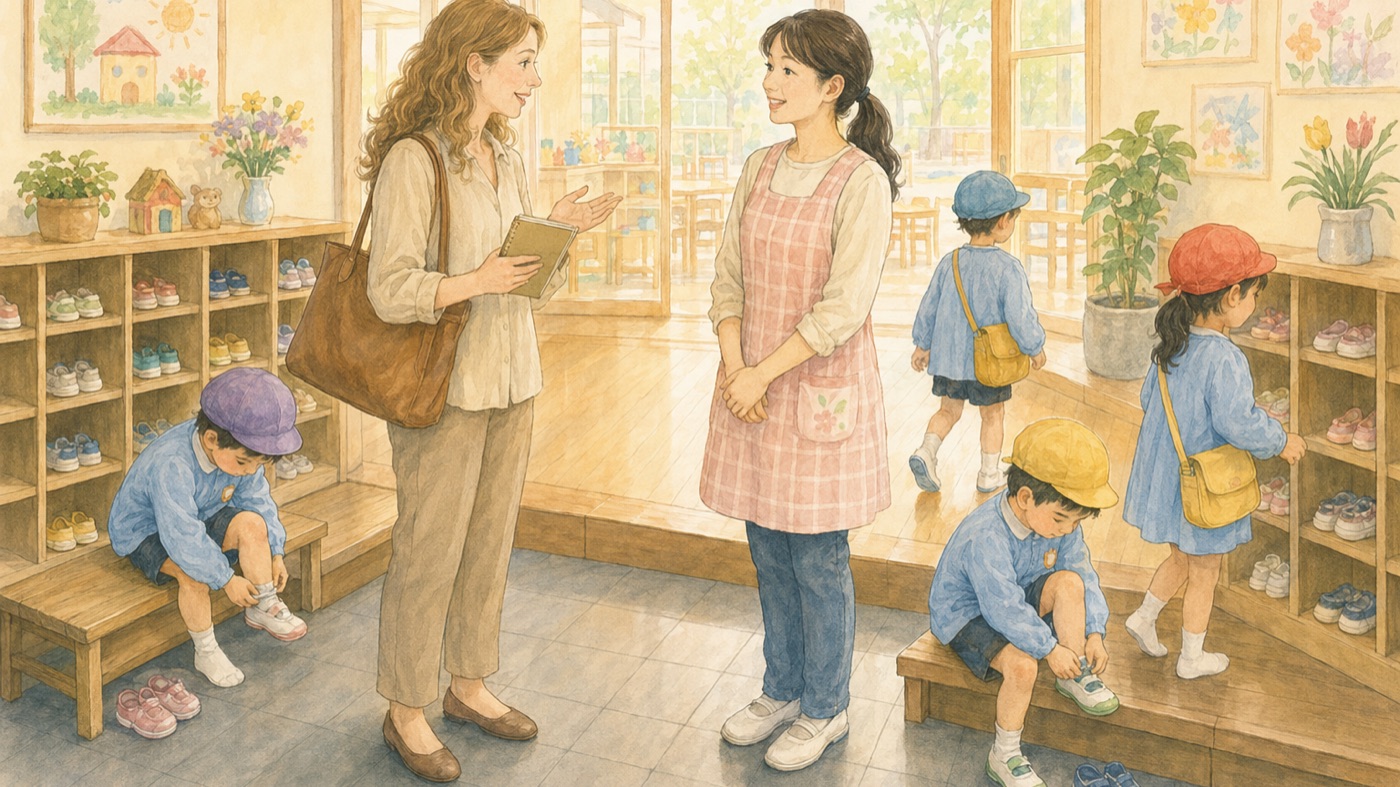 Watercolor illustration of an international parent asking a Japanese kindergarten teacher a question in a hallway, holding a notebook, with children's cubbies and artwork in the background