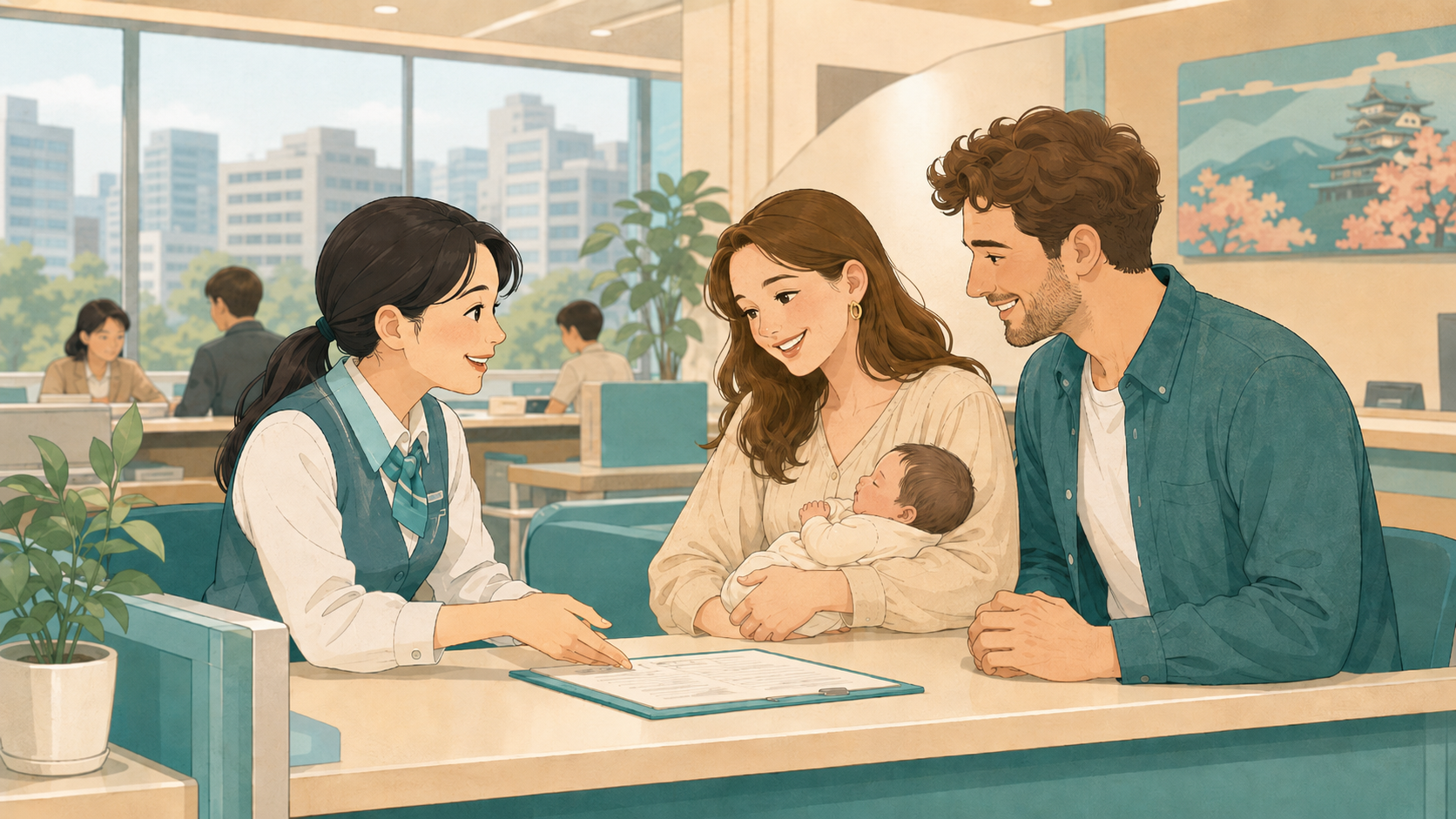 International couple with newborn baby at a Japanese city hall counter applying for Child Allowance