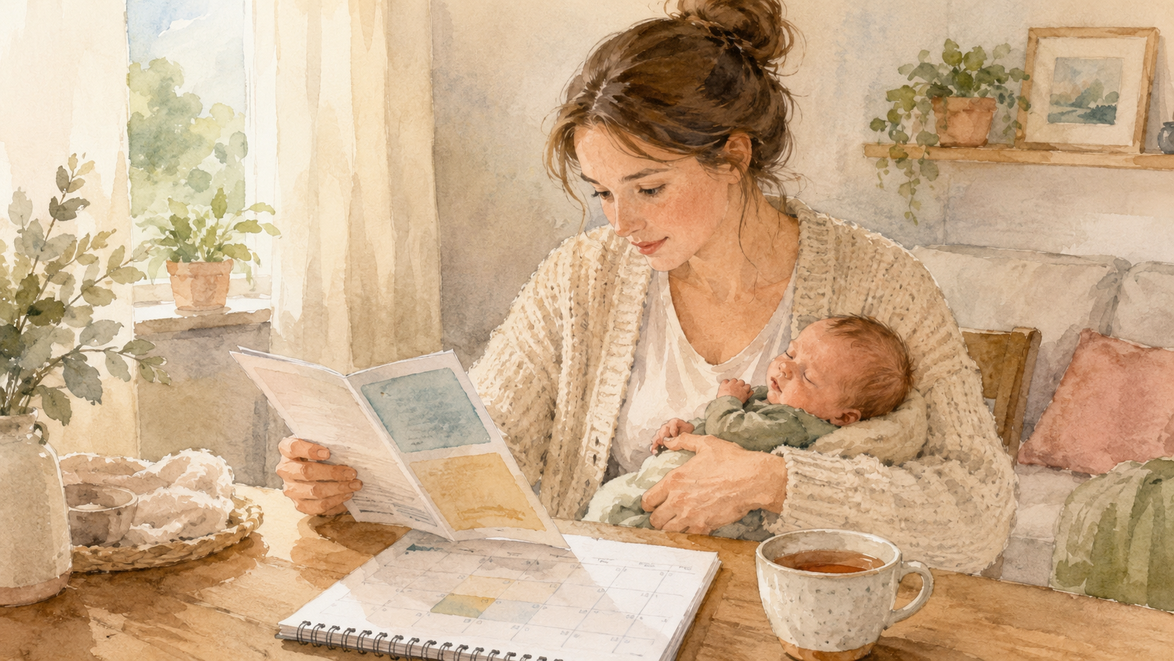 Watercolor illustration of a Western woman at home holding her newborn while looking at a Hello Work leaflet and a calendar on the table