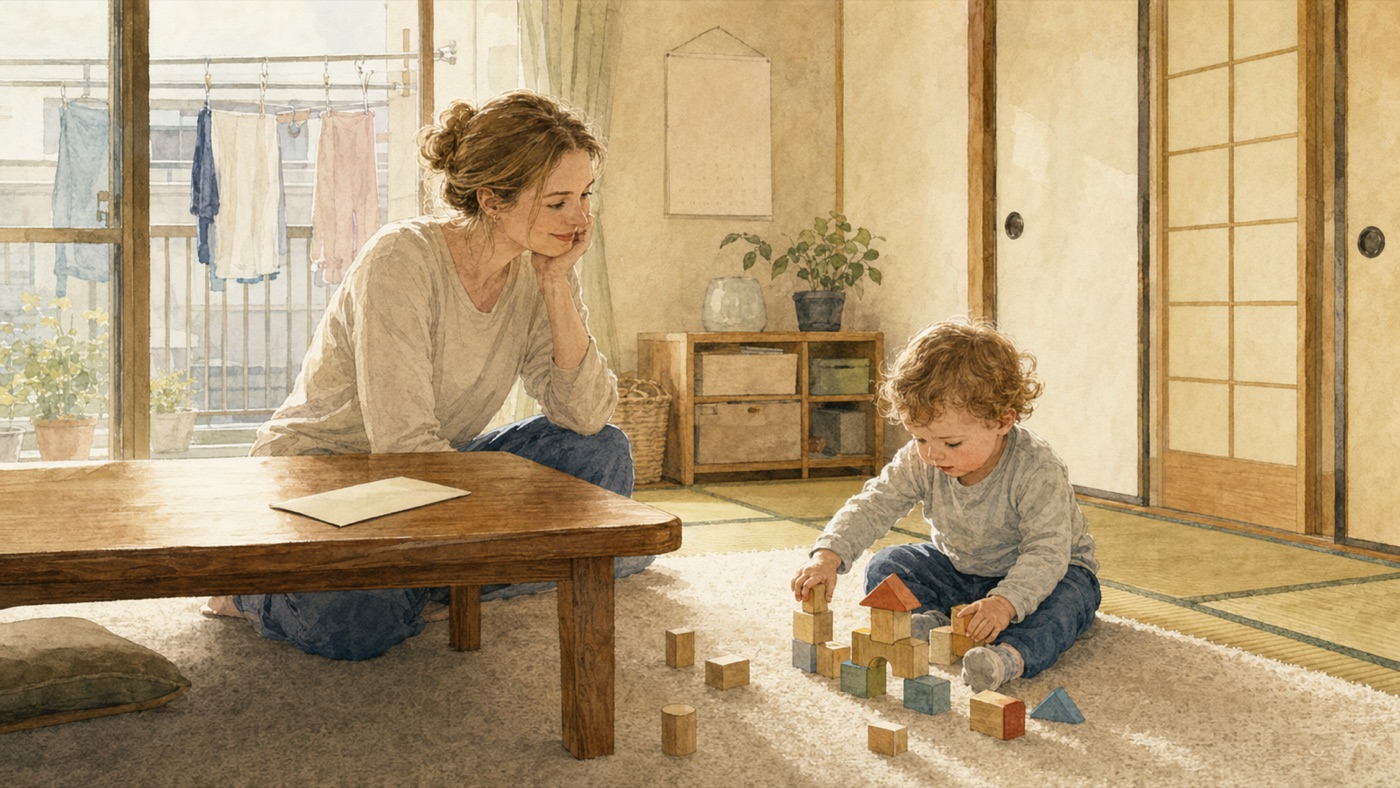 Watercolor illustration of an international mother at home on a weekday afternoon, sitting beside a low table while her toddler plays with wooden blocks on the rug, a calendar on the wall and an unopened envelope from the city office on the table