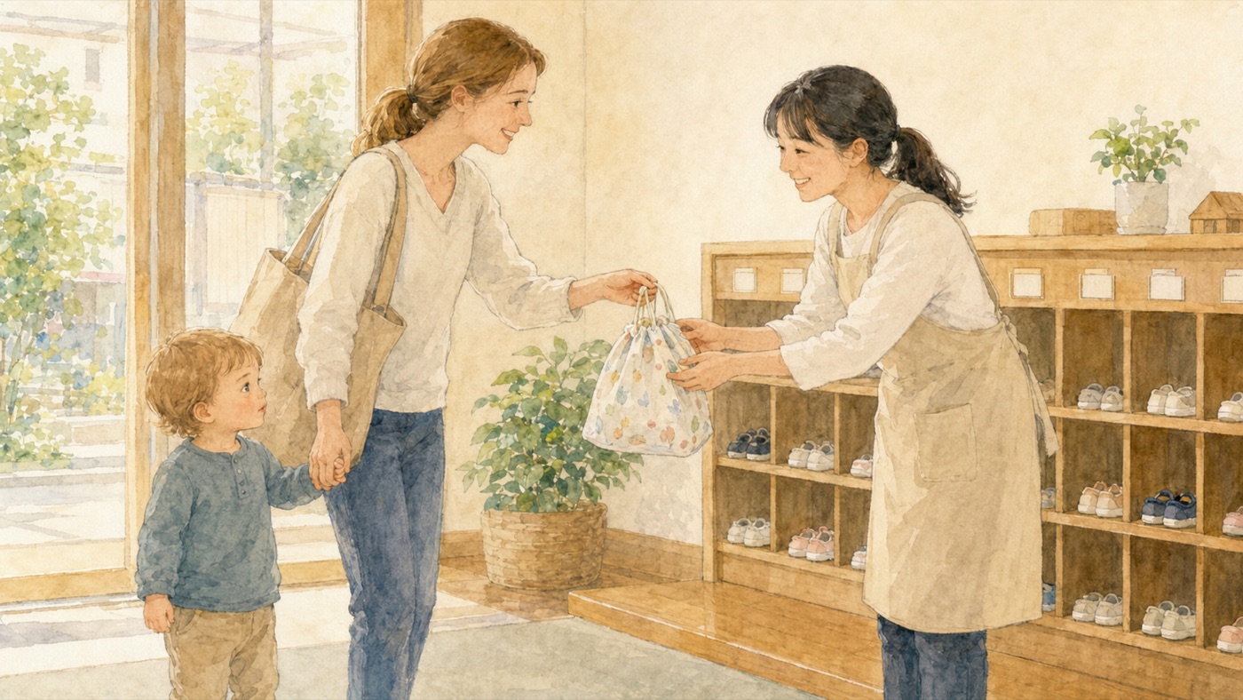 Watercolor illustration of an international mother handing her toddler's cloth bag to a smiling Japanese childcare worker in an apron at a nursery entrance in the morning, with small indoor shoes and name tag holders on the shelves behind them