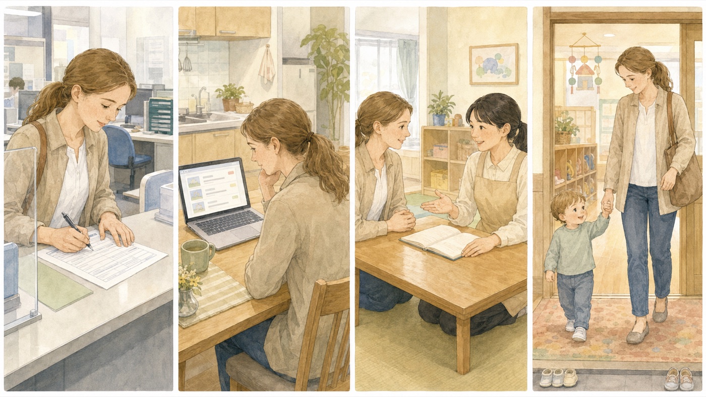 Watercolor illustration showing four stages in sequence: an international parent filling in a form at a city office counter, looking through a list of nurseries on a laptop at home, talking with a Japanese childcare worker across a low table, and walking a toddler through a nursery doorway