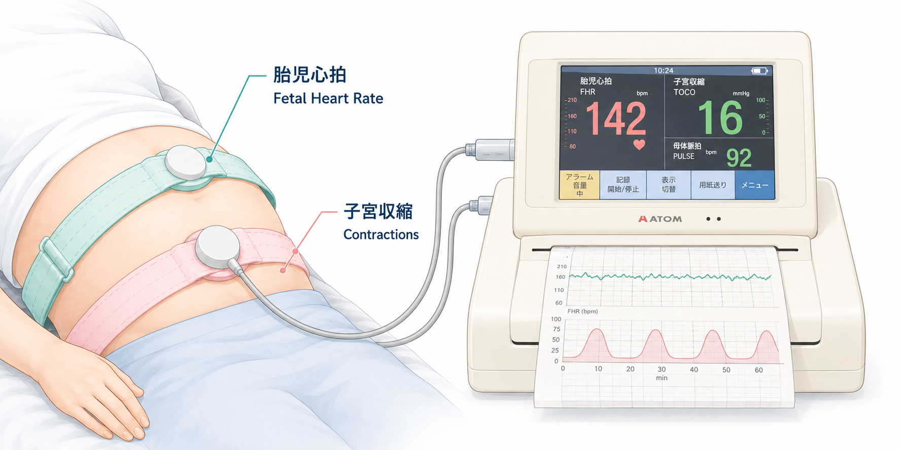 Medical diagram showing a pregnant woman with two CTG monitoring bands — green for fetal heart rate, pink for contractions — connected to a bedside monitor displaying both traces, labelled in English and Japanese