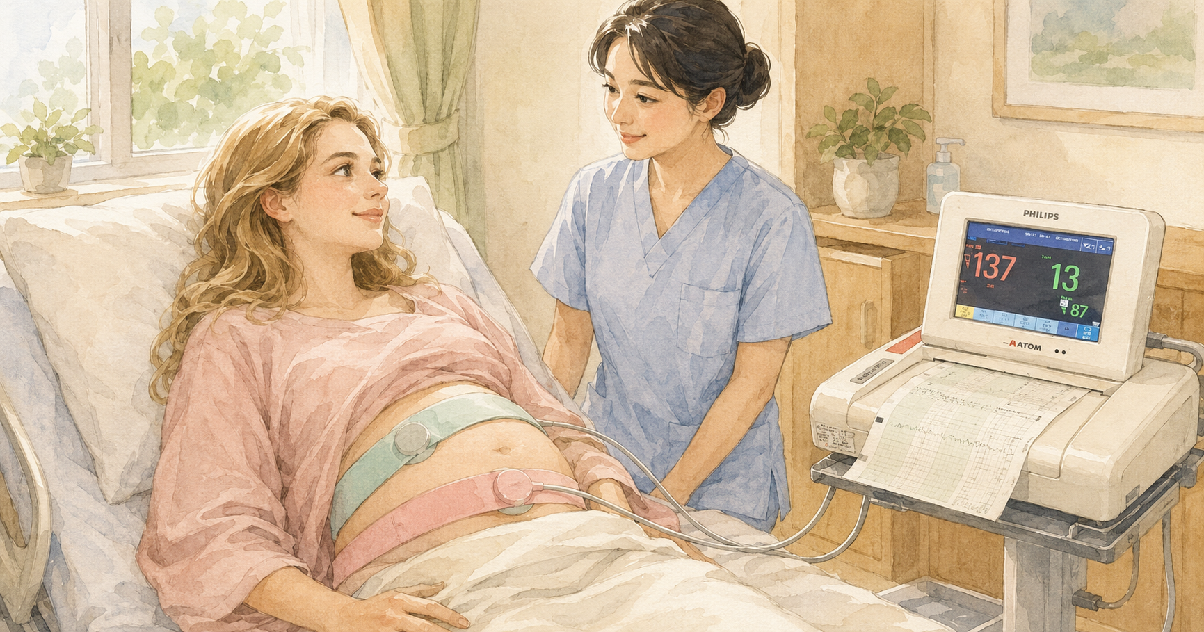 Soft watercolour illustration of a Japanese hospital labour room — a woman in a hospital bed wearing green and pink CTG monitoring bands on her abdomen, a midwife in pale blue scrubs attending, a CTG monitor screen showing fetal heart rate and contraction traces beside the bed
