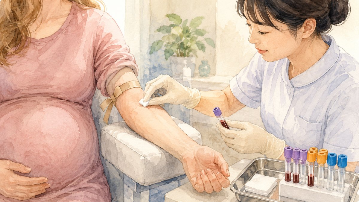 Soft watercolour close-up illustration of a pregnant woman's arm during a blood draw at a Japanese clinic, coloured sample tubes on a tray nearby