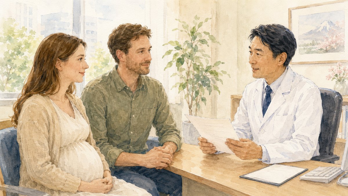 Soft watercolour illustration of a Western pregnant woman and her partner speaking with a Japanese obstetrician at a clinic desk, reviewing results calmly together