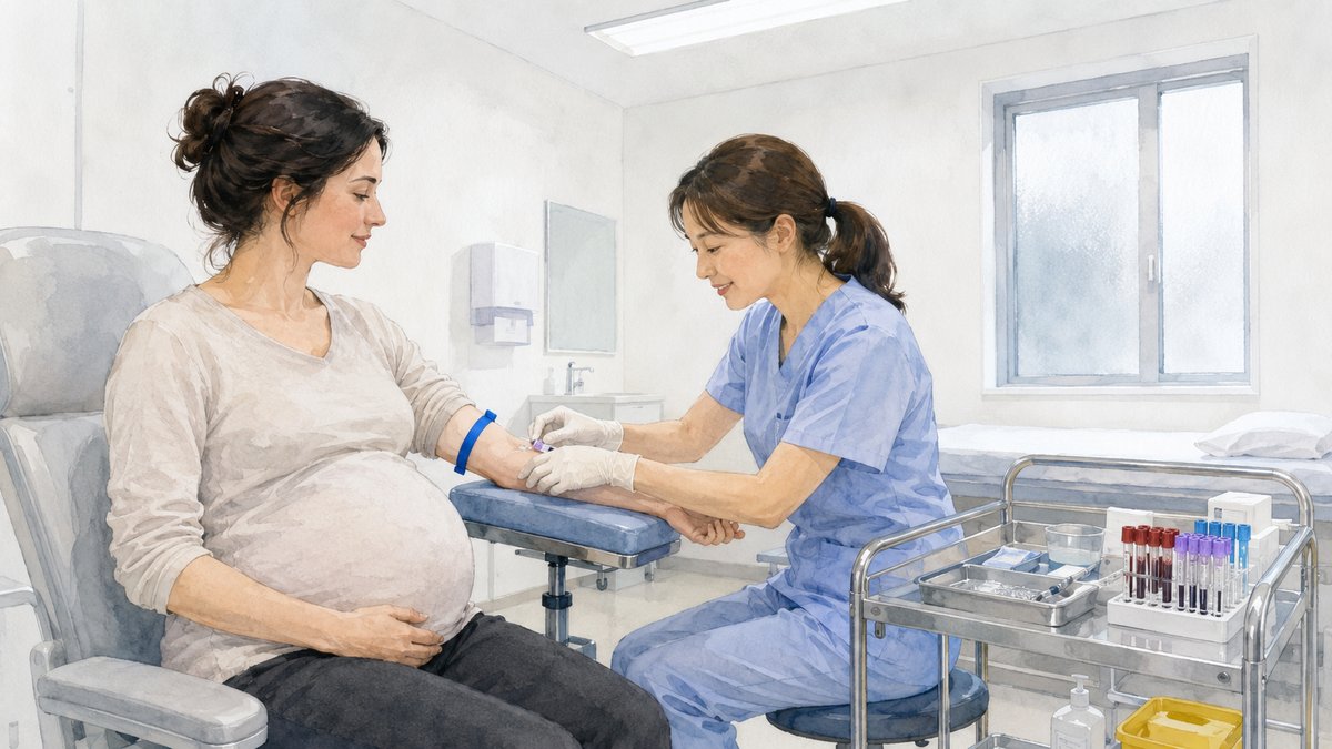 Soft watercolour illustration of a Western pregnant woman sitting in a Japanese clinic, a Japanese nurse gently taking a blood sample from her arm