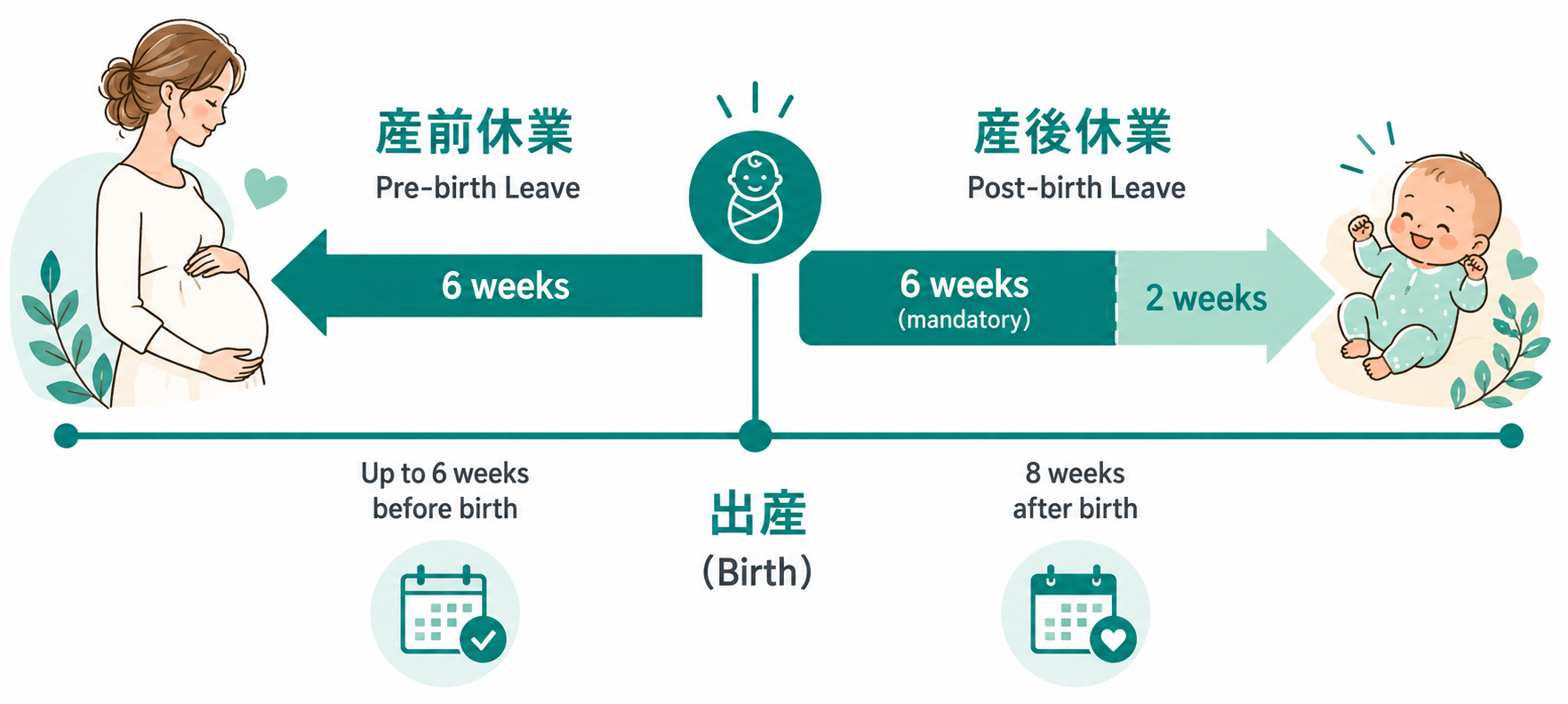 Timeline showing maternity leave in Japan: 6 weeks before birth and 8 weeks after birth