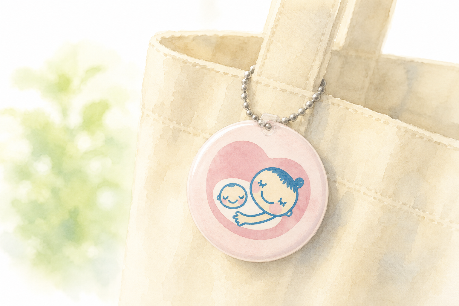 Soft watercolour illustration of a pale pink maternity mark badge — a heart shape with a pregnant woman silhouette — attached to a bag strap