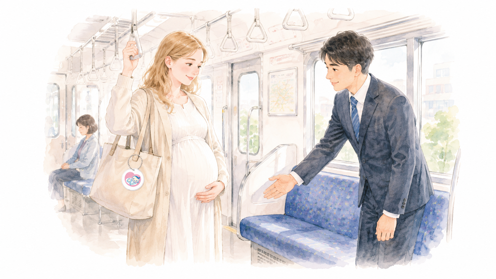 Soft watercolour illustration of a Western pregnant woman on a Japanese commuter train, wearing a small pink badge on her bag, with a Japanese passenger offering their seat