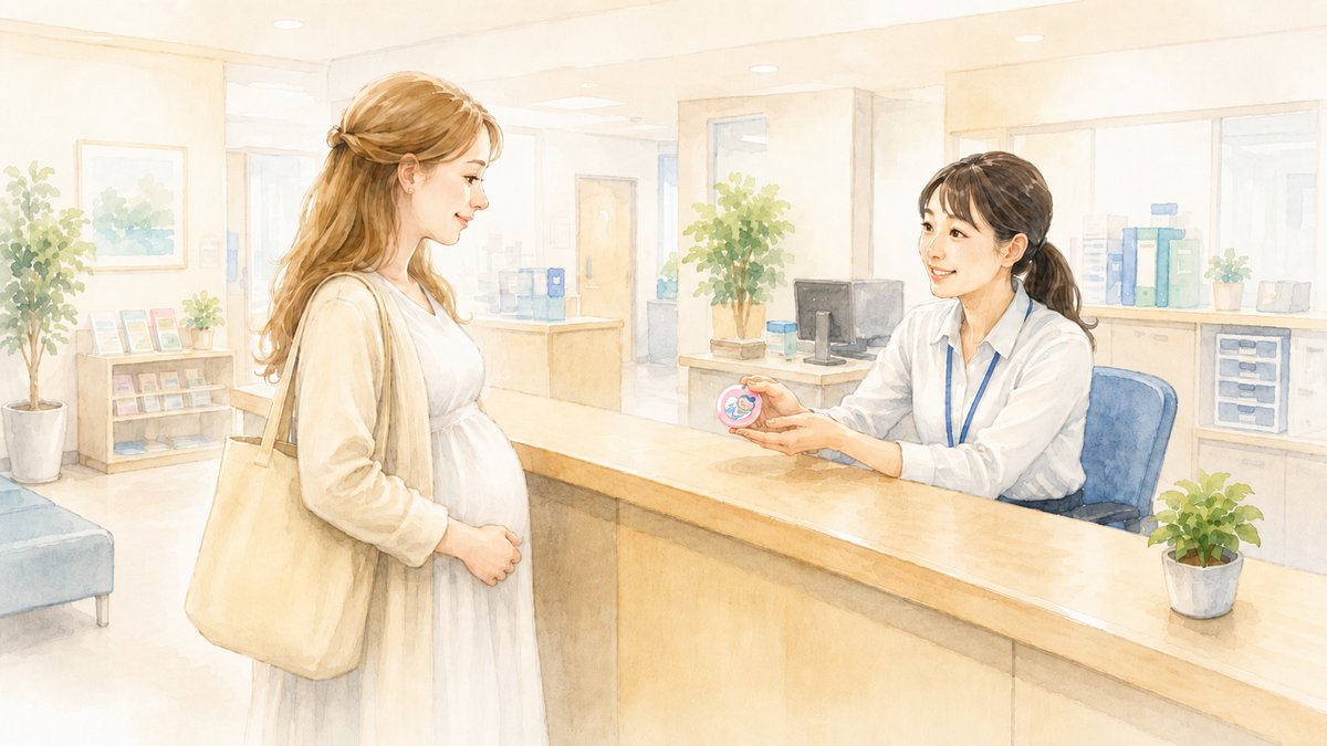 Soft watercolour illustration of a Western pregnant woman at a Japanese ward office counter, receiving a small packet from a smiling Japanese staff member