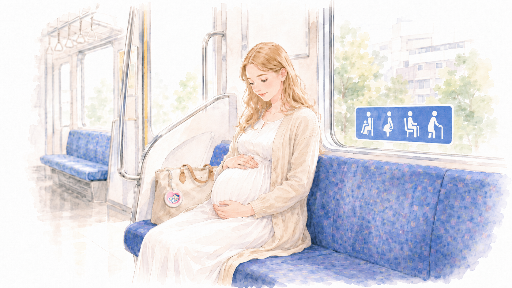 Soft watercolour illustration of a Japanese commuter train interior, a Western pregnant woman standing near priority seats while a Japanese passenger rises to offer their seat