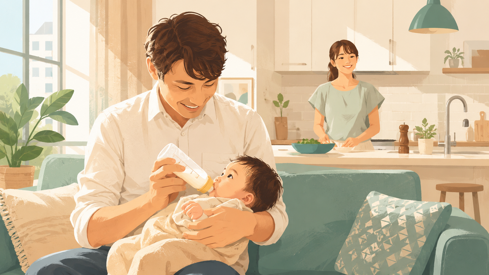 Father bottle-feeding a newborn baby on a sofa while mother smiles in the background, representing parental leave in Japan
