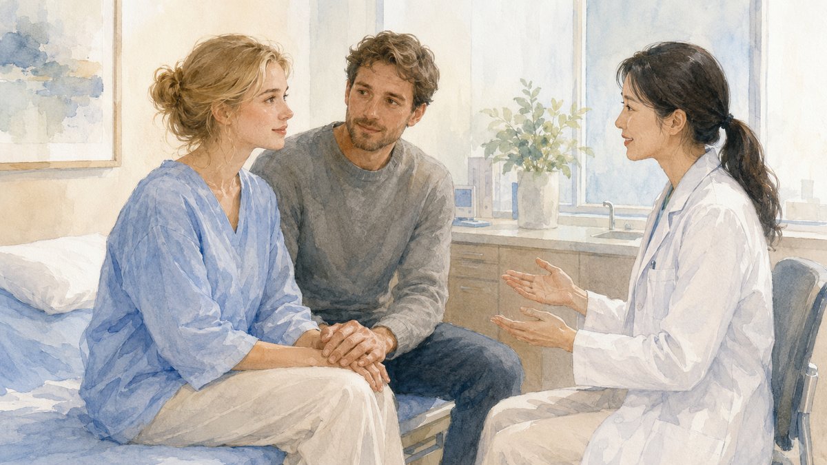 Soft watercolour illustration of an international couple sitting together in a Japanese hospital room, a Japanese doctor speaking with them gently