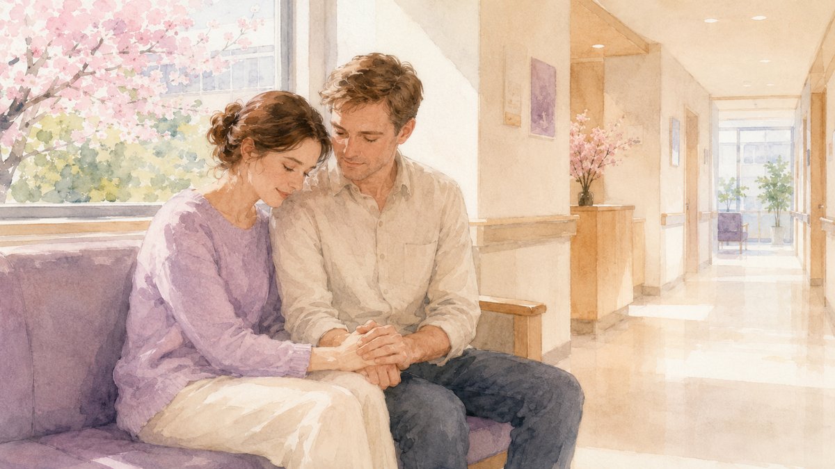Soft watercolour illustration of an international couple sitting quietly together on a bench in a peaceful Japanese hospital corridor, holding hands