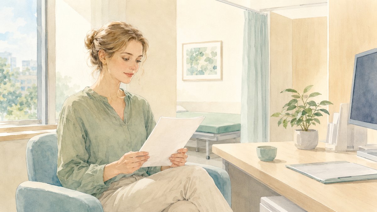 Soft watercolour illustration of a non-Japanese woman looking thoughtfully at a medical document in a bright Japanese hospital consultation room