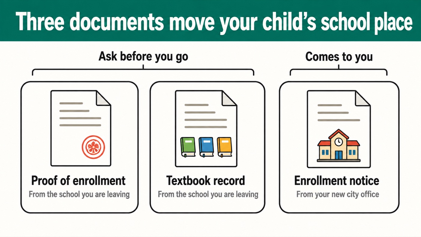Diagram of the three documents that move a child's school place in Japan: proof of enrollment and a textbook record, both from the school being left, and an enrollment notice that comes from the new city office