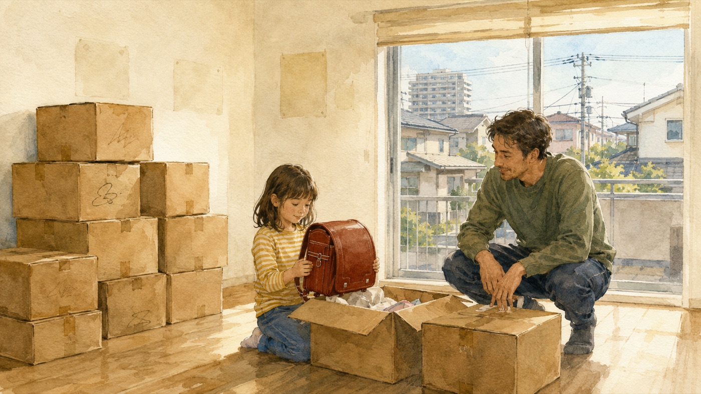 Watercolor illustration of an almost empty apartment on moving day: stacked cardboard boxes against one wall, a child kneeling on the bare floor holding a randoseru, and a parent crouching beside an open box, with an ordinary Japanese street through the window