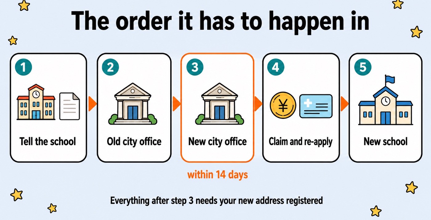 Diagram of the order to do things in when moving city with children in Japan: tell the school, the old city office, the new city office within fourteen days, then claim the allowance and re-apply for the medical card, then the new school