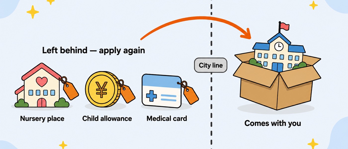 Diagram of a dashed city line with a school packed inside a cardboard moving box on the far side, labeled "comes with you", and a nursery, a coin and a medical card left behind on the near side with tags attached, labeled "left behind — apply again"