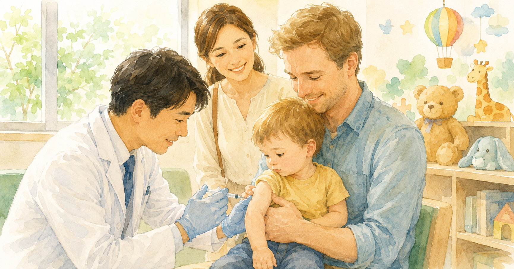 Parent and child at a vaccination clinic in Japan for the MR vaccine