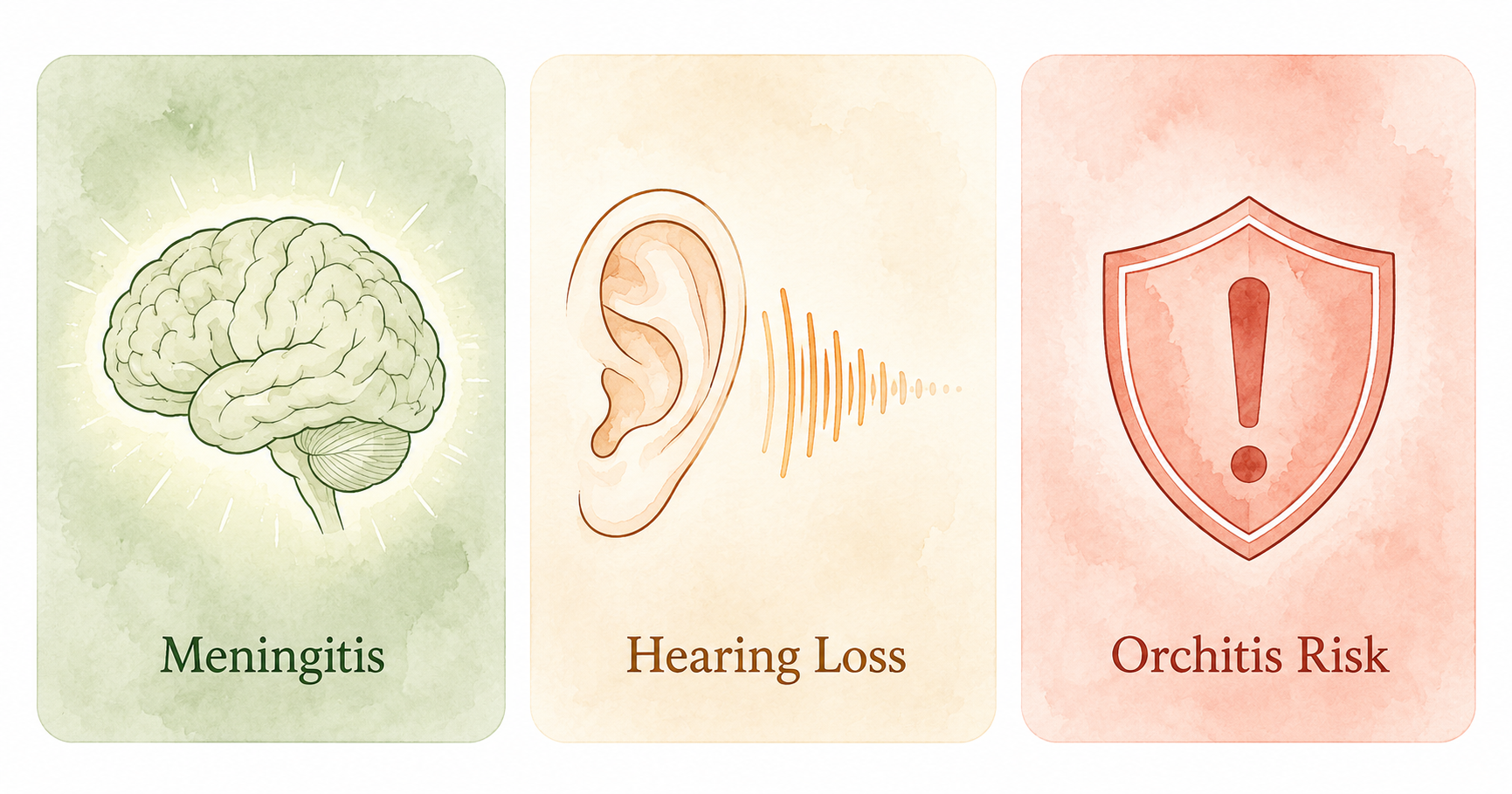 Three illustrated icons showing the main complications of mumps: meningitis (brain), hearing loss (ear), and orchitis (represented by a warning symbol). Clean, soft medical illustration style.