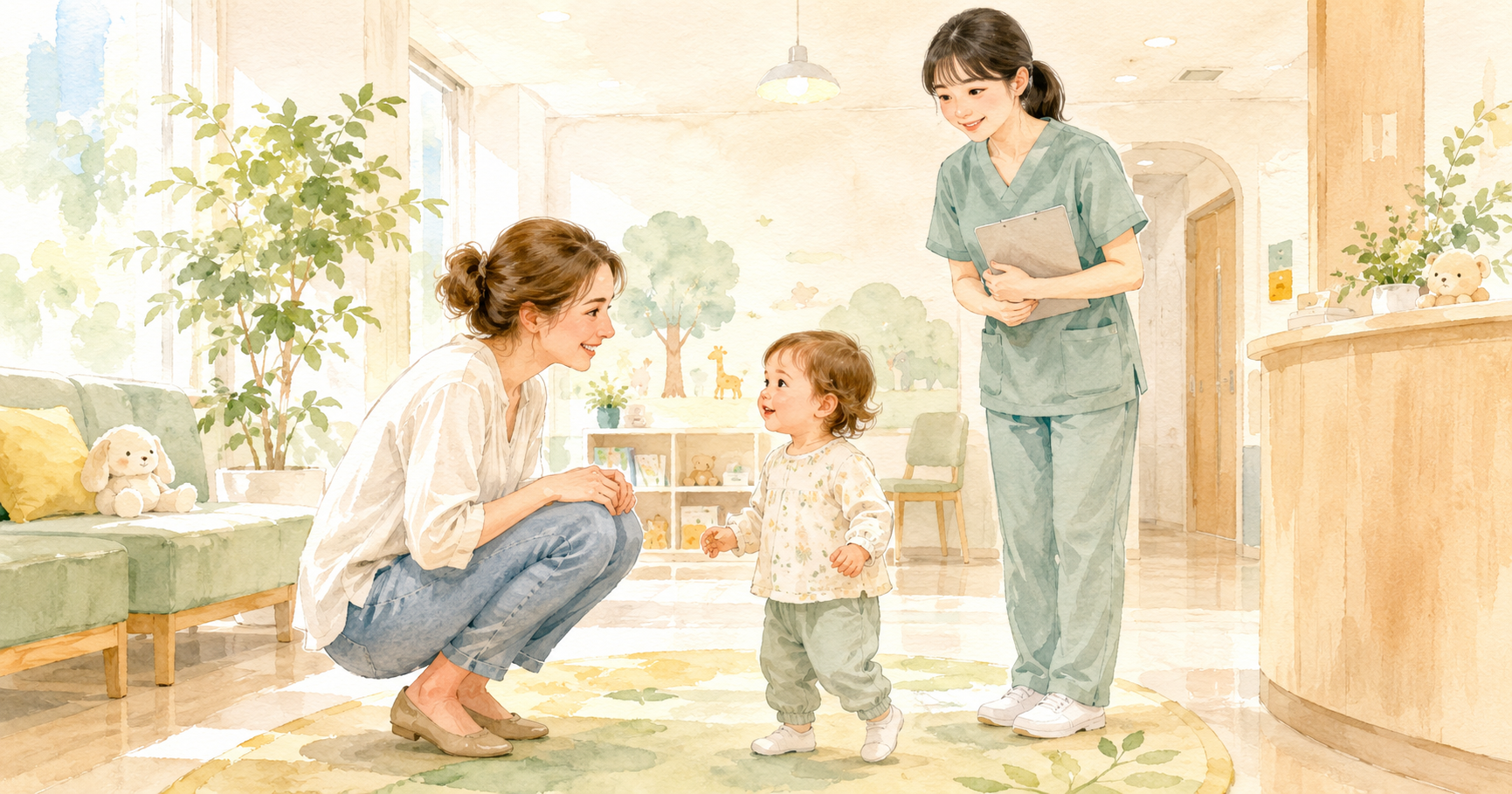 Western mother and young child at a Japanese paediatric clinic, speaking with a friendly nurse about the mumps vaccine