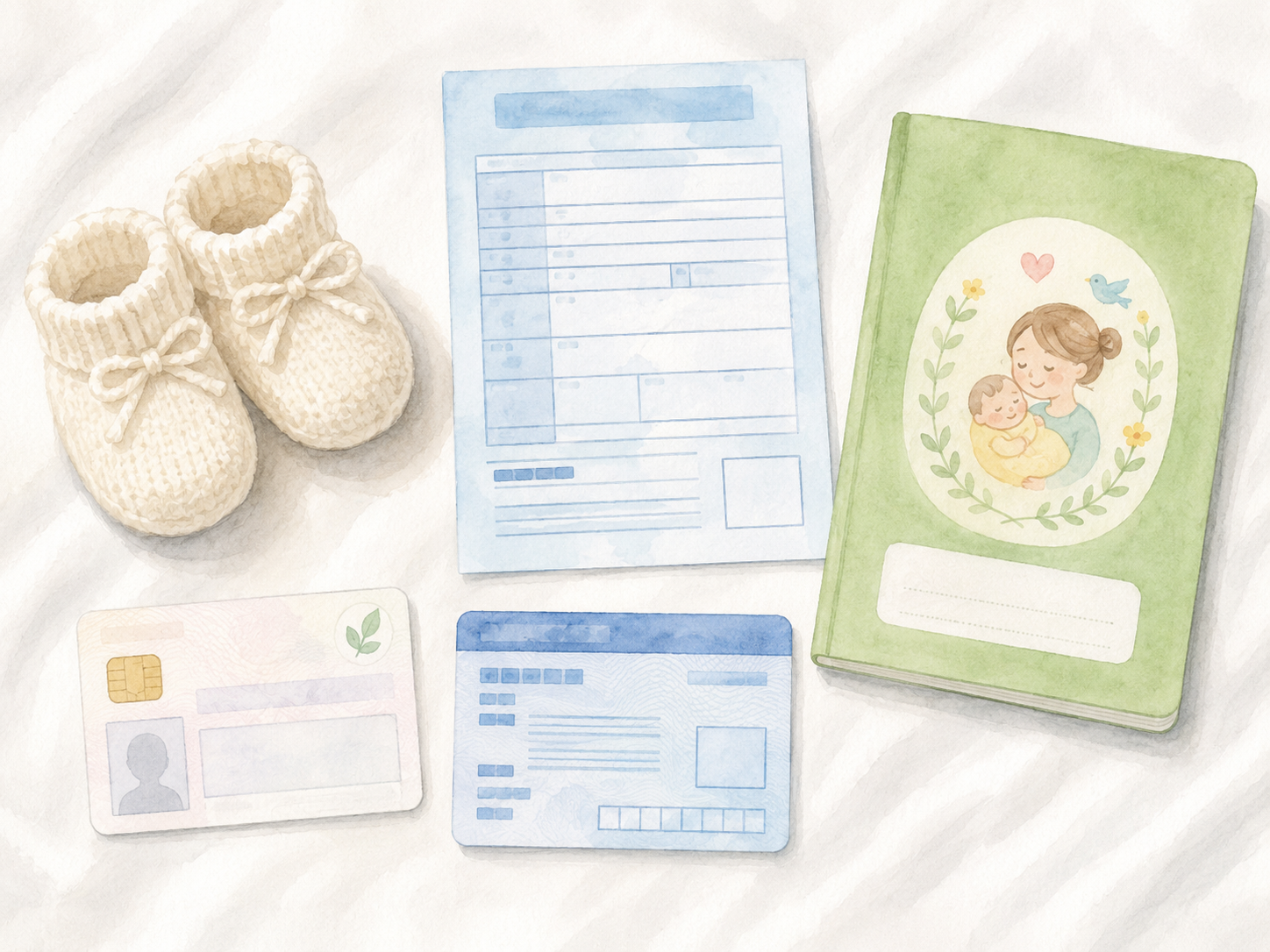 Items for setting up a newborn's health insurance in Japan — My Number Card, eligibility confirmation document, mother-child health handbook, and baby booties