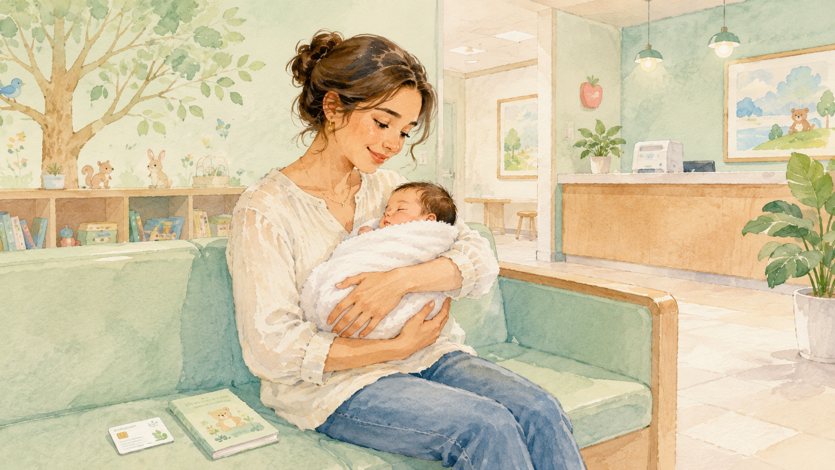 Mother holding her newborn baby in a Japanese pediatric clinic waiting room, with a My Number Card on the seat beside her